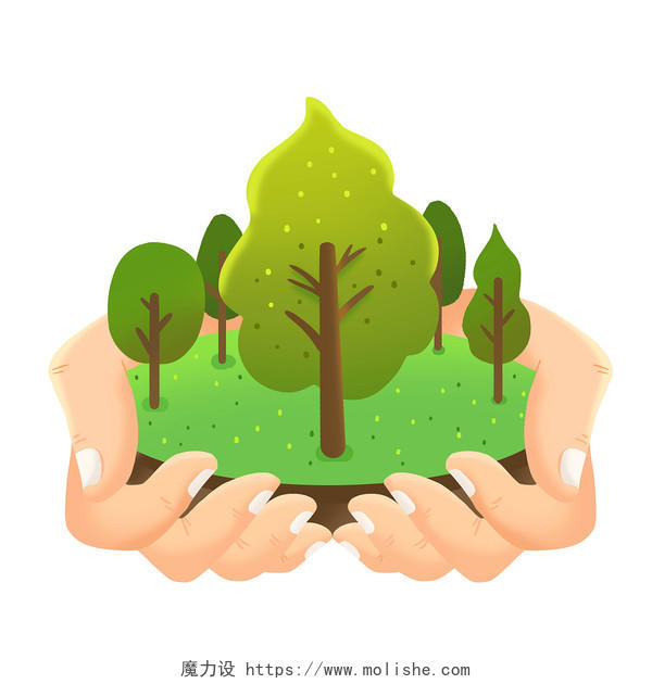 世界森林日手绘植树节手捧草地和树木绿色环保素材植树节环保地球